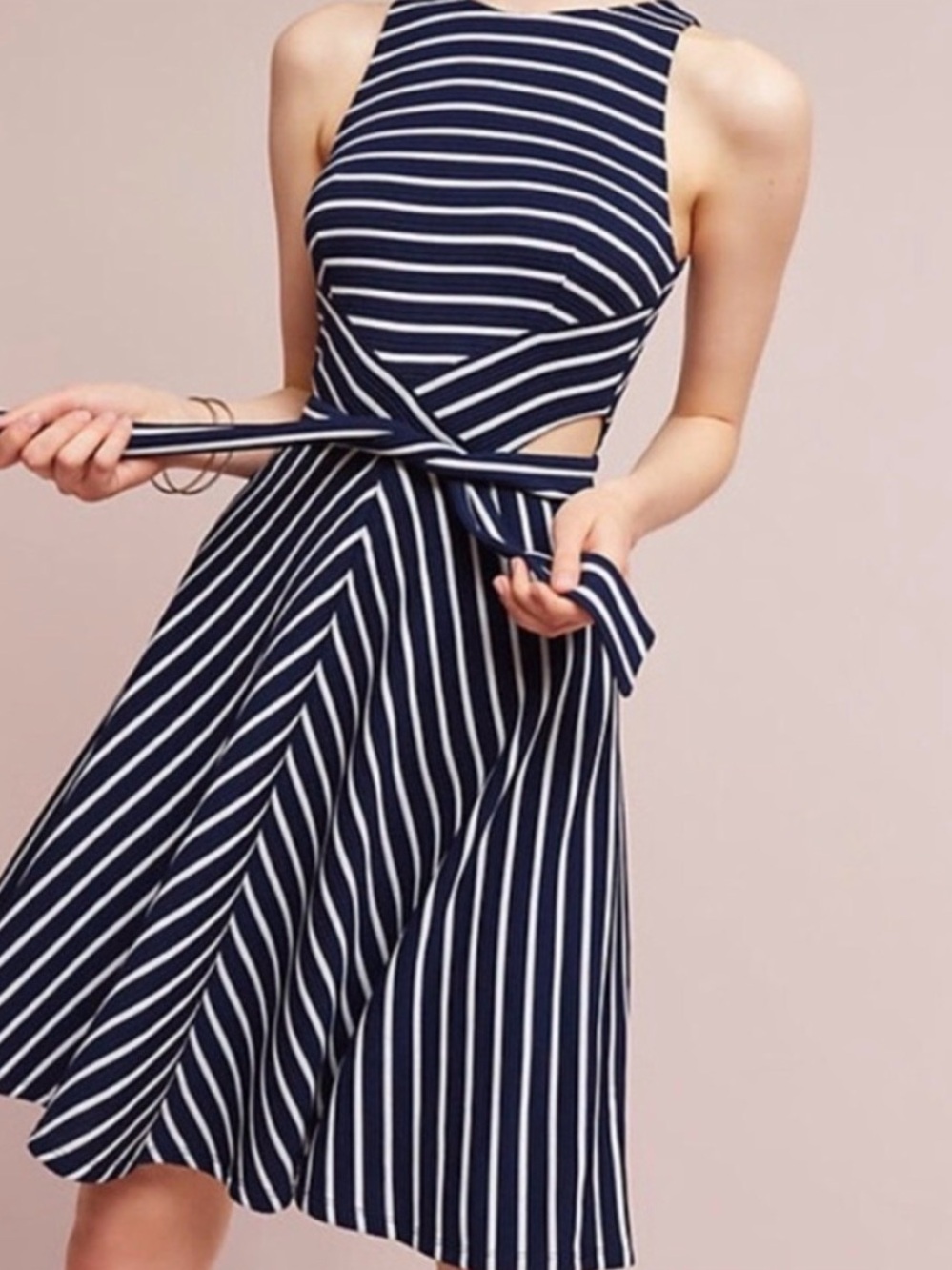 Anthropologie hutch Navy and White Striped Midi Dress with Waist Tie